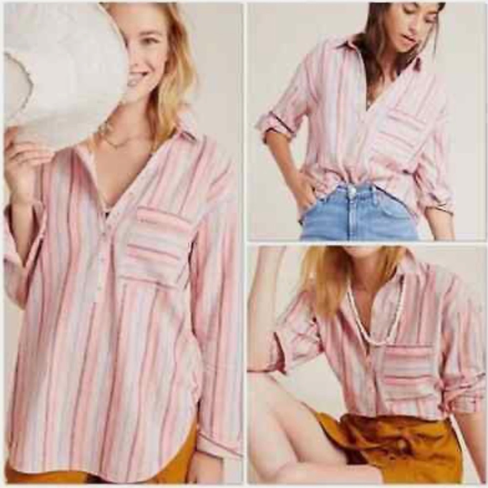 Anthropologie Maeve Lida Linen Striped Buttondown Top Tunic Blouse Size M Pink